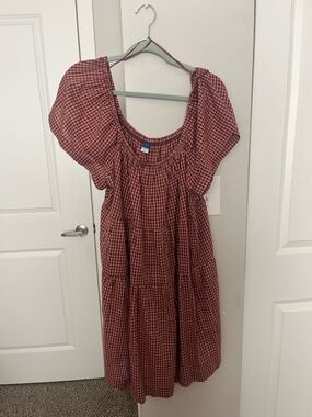 Red Gingham Puff-Sleeve Dress